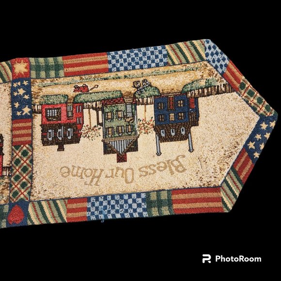 Tapestry Table Runner Bless Our Home Americana Country Houses - Picture 3 of 5
